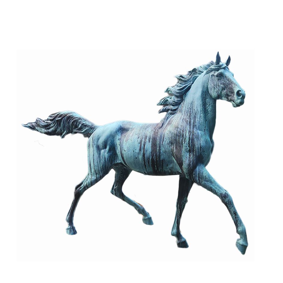 Tuinbeeld: bronzen galopperend paard met blauwgroene patina