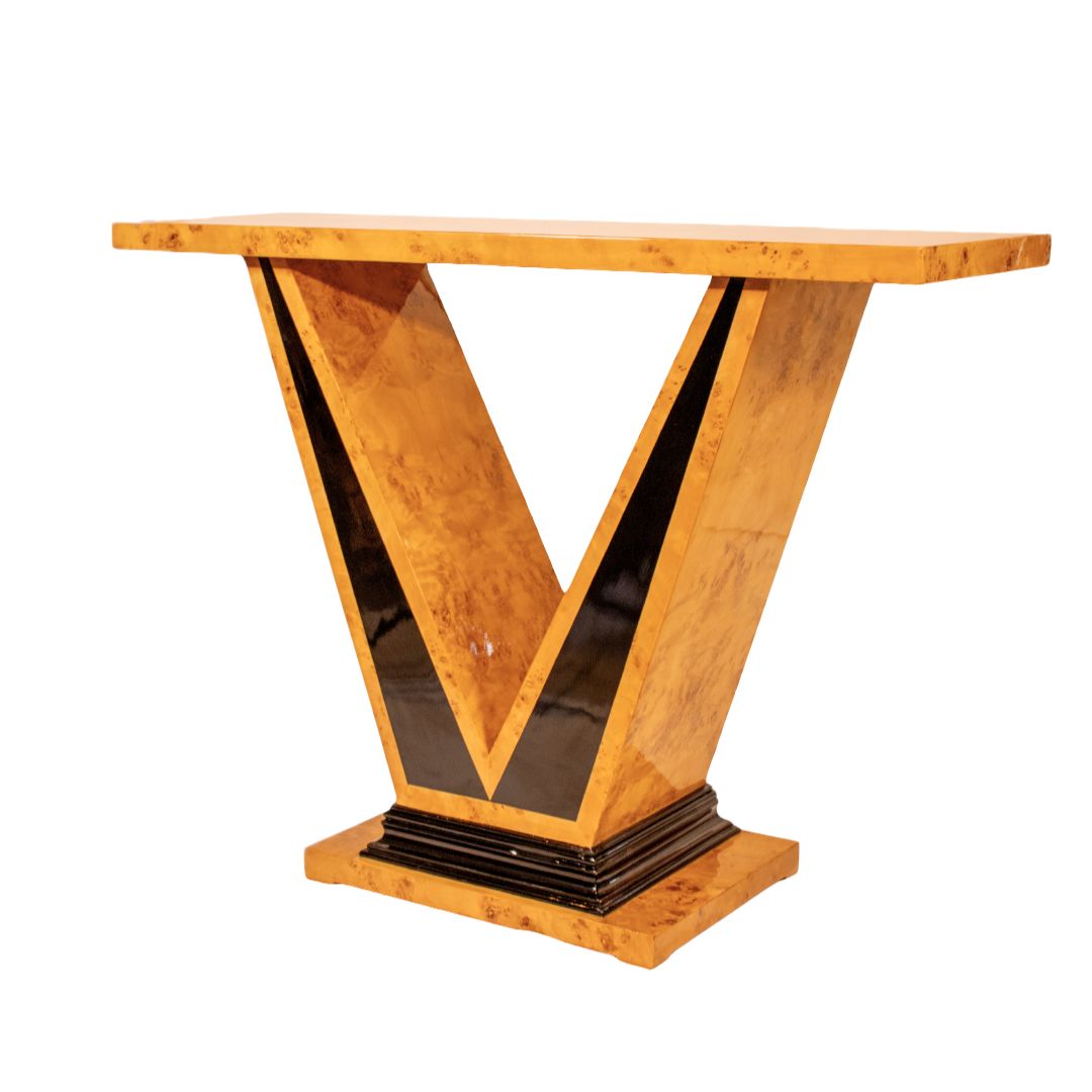 Art Deco console table with V-shaped base in burl walnut wood and black lacquer, elegant accent furniture