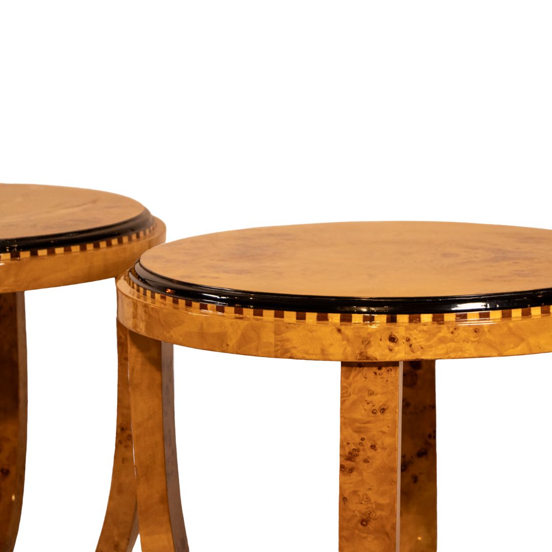 Close-up of burl walnut veneer on an Art Deco side table highlighting natural texture and craftsmanship