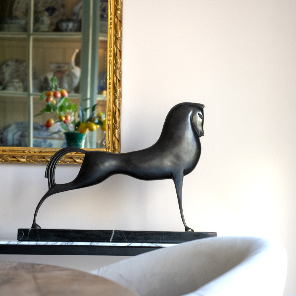 Art Deco bronze horse sculpture Cheval France, dark brown patina, French 1920s design.