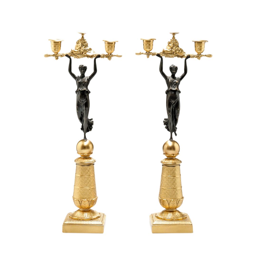 Empire Style Candelabras Pair Kuzco Art Maison gilded bronze sculpture lamps
