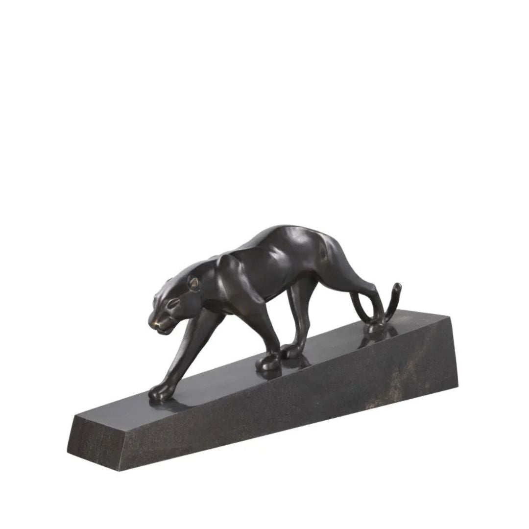 Art Deco bronze sculpture of a panther walking on a rectangular base with dark black patina, side view