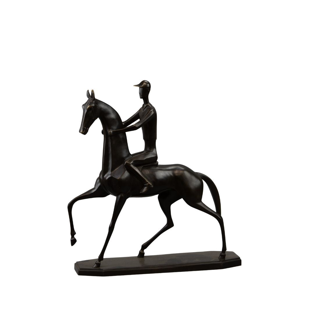 Bronze sculpture of a jockey on a horse