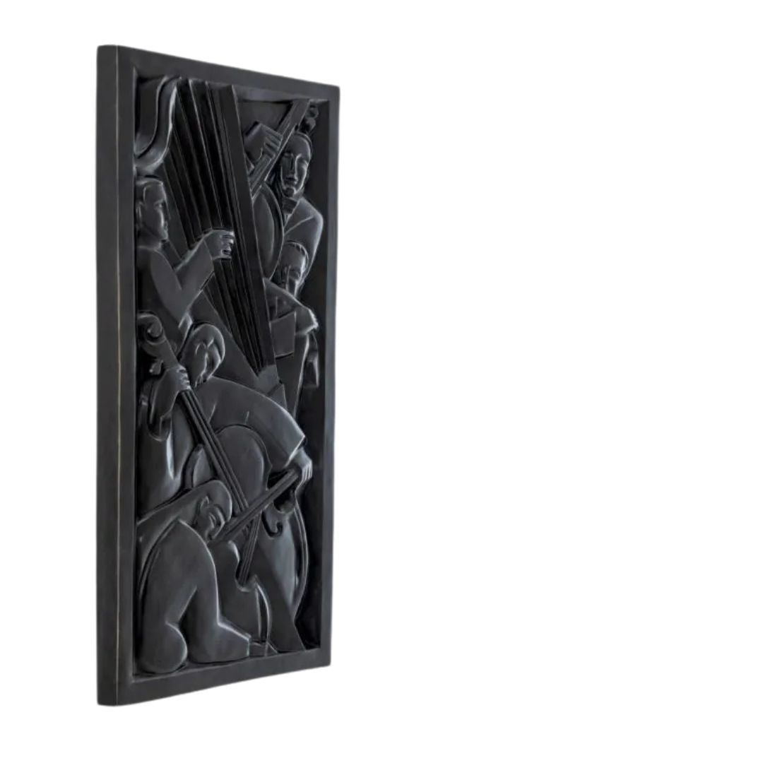 Bronze sculpture wall decoration panel with musicians, part of a set of four