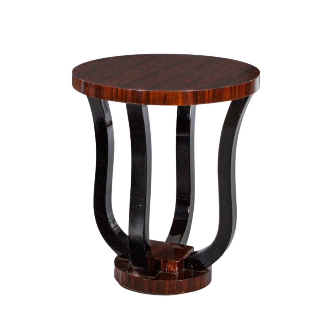 Art Deco side table Nocturne, dark Macassar ebony veneer, black lacquered geometric base.