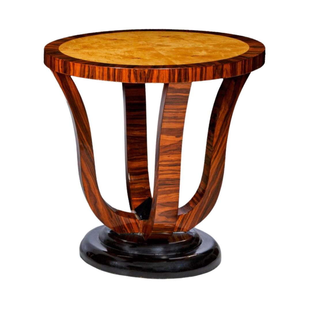 Art Deco side table Coltrane, round burr walnut veneer, unique jazz-inspired design.