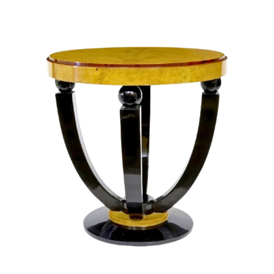 Art Deco side table Gatsby, burr walnut veneer, black lacquered base, French 1920s style coffee table.