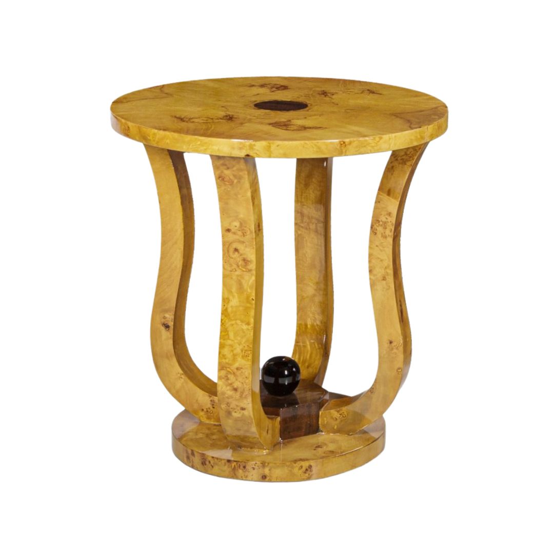 Art Deco side table Miller, round burr walnut veneer, elegant geometric base, French 1920s style.