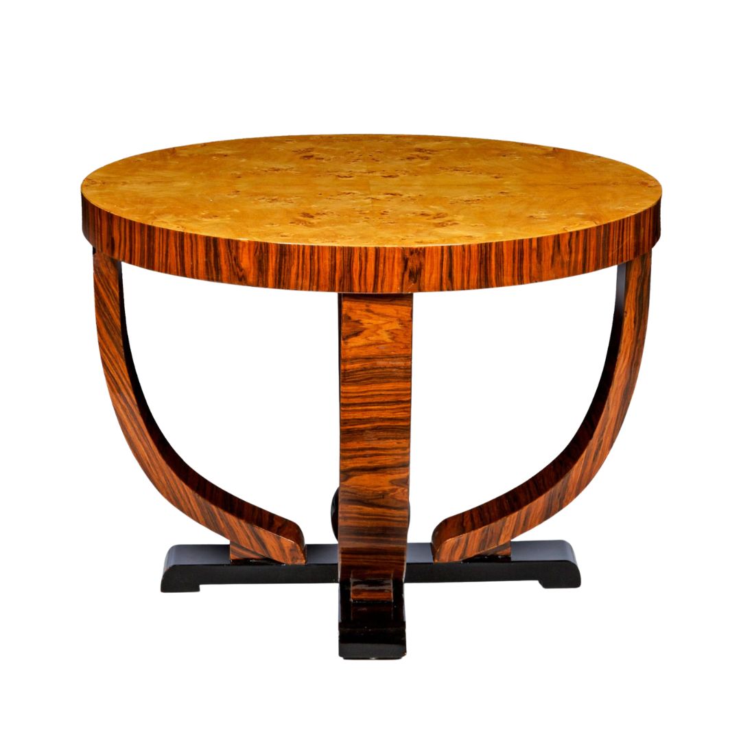 Art Deco coffee table Speakeasy, round burr walnut veneer, elegant ebony details, 1920s style.