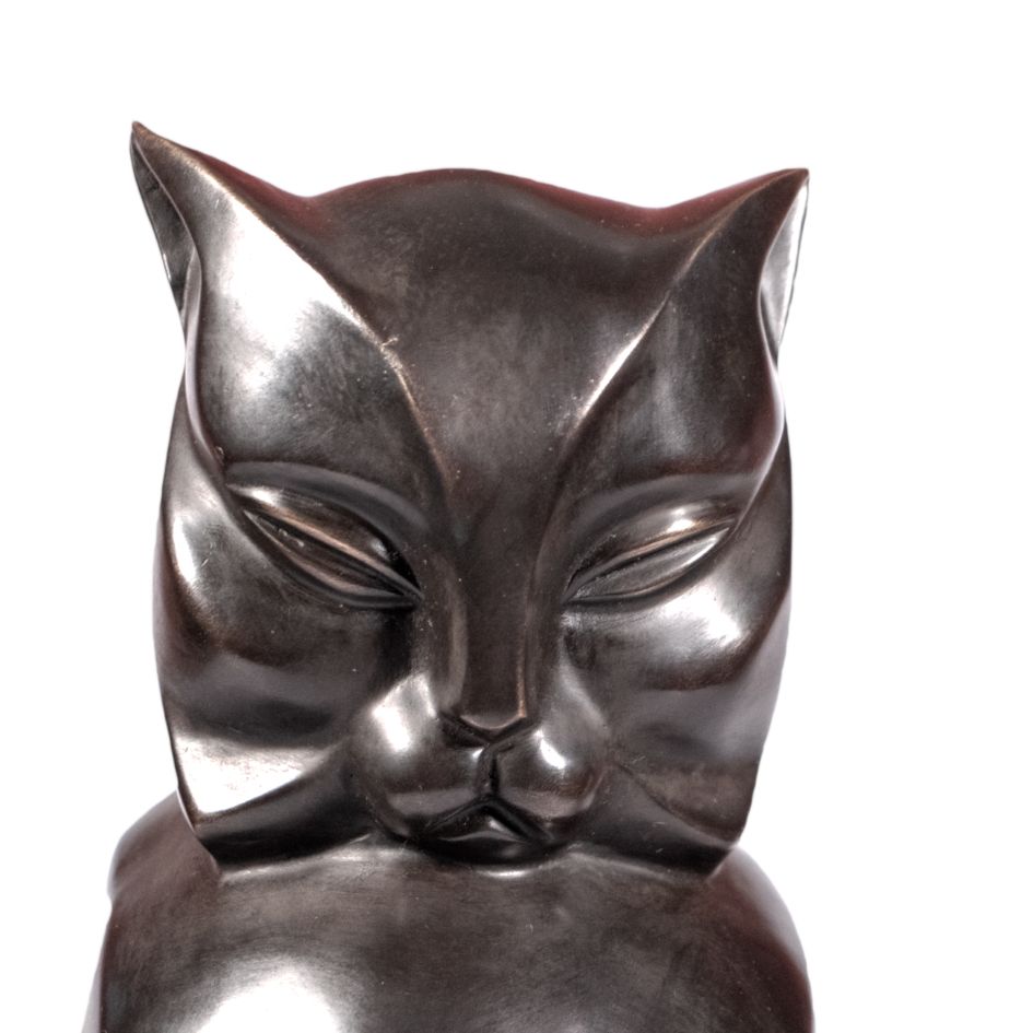 Bronze sculpture of purring cat art deco style black patina