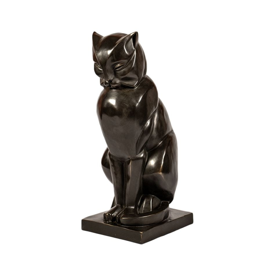 Bronze sculpture of purring cat art deco style black patina