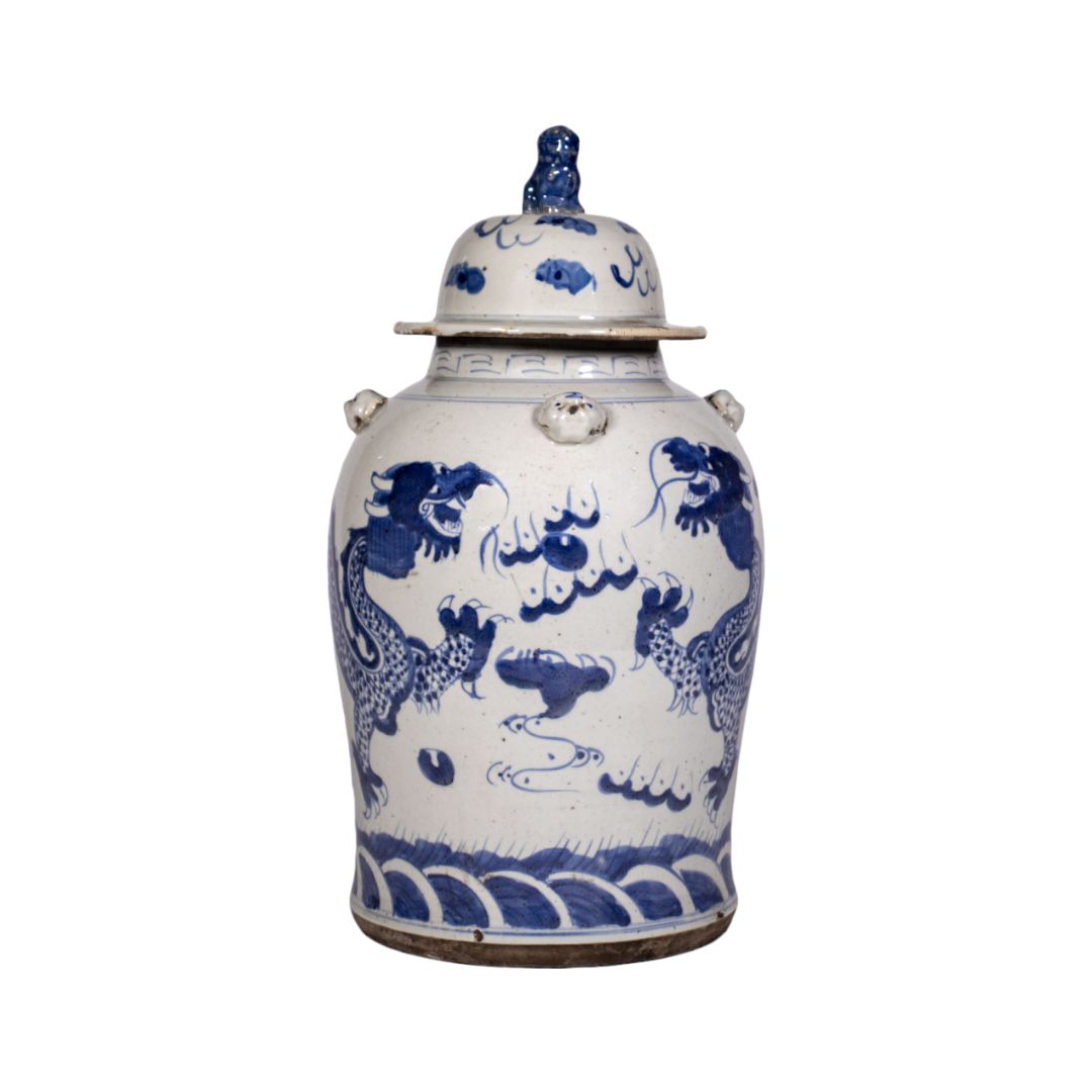 Deckelvase Drache – Blau-Weiß