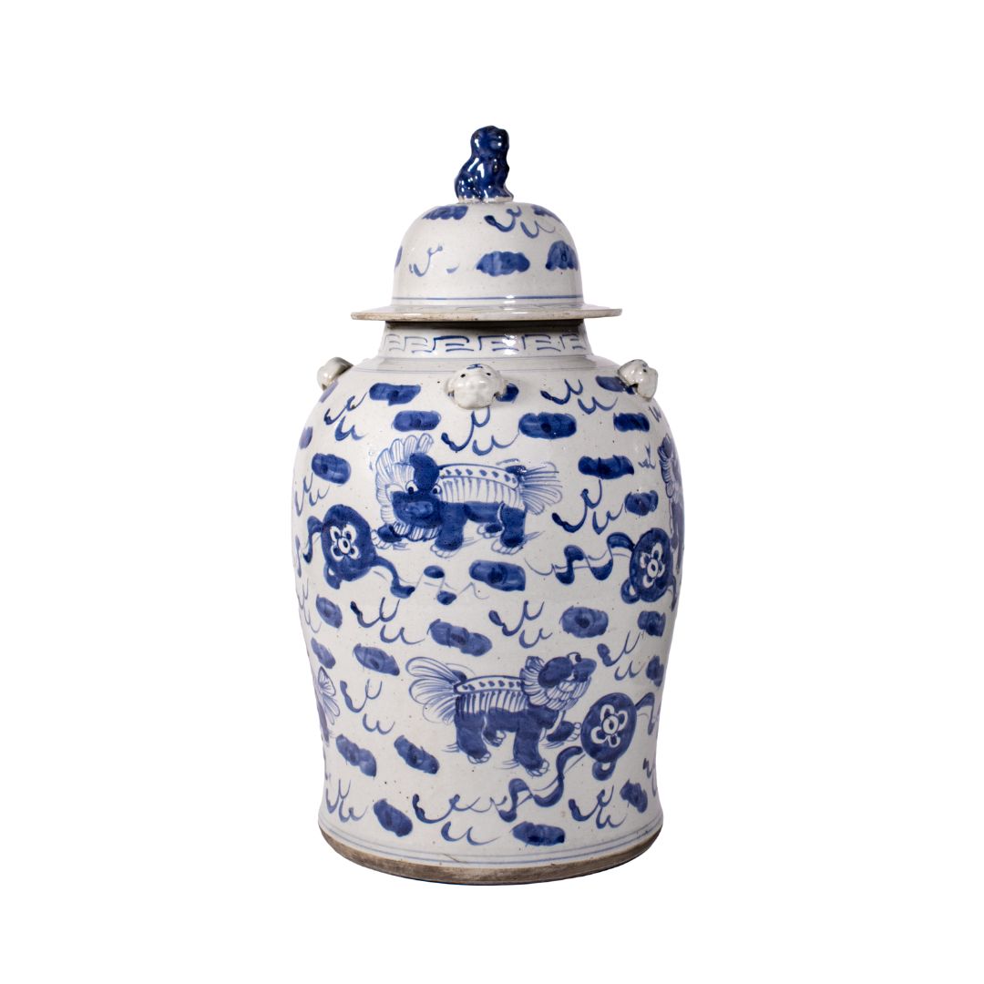 Deckelvase Fu-Hund – Blau-Weiß