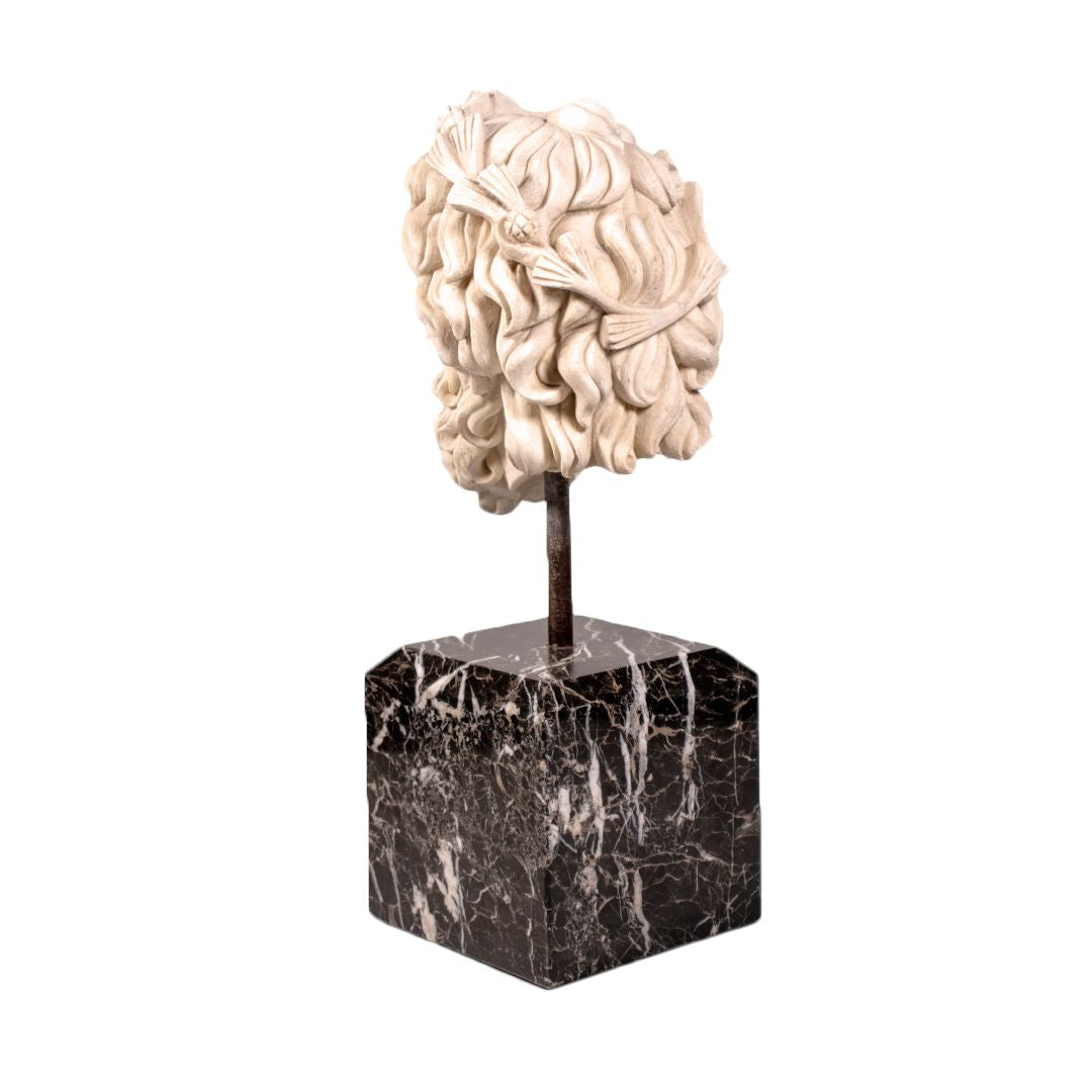 Rear view of carved white marble Zeus bust head showing detailed curls and hair ribbon on polished black marble base