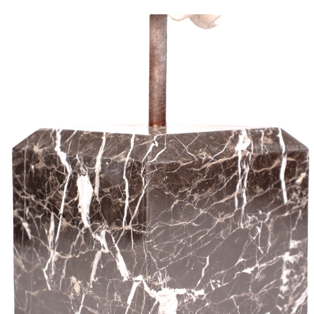 Close-up of polished black marble base supporting carved white marble Zeus bust sculpture