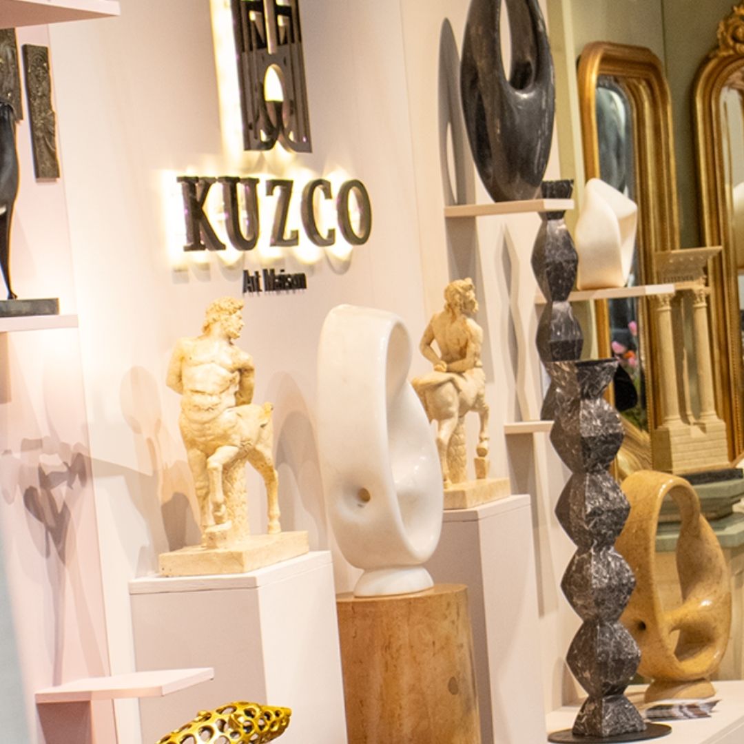 Hand-carved travertine marble Borghese centaurs sculpture variant 2 at Maison et Objet exhibition