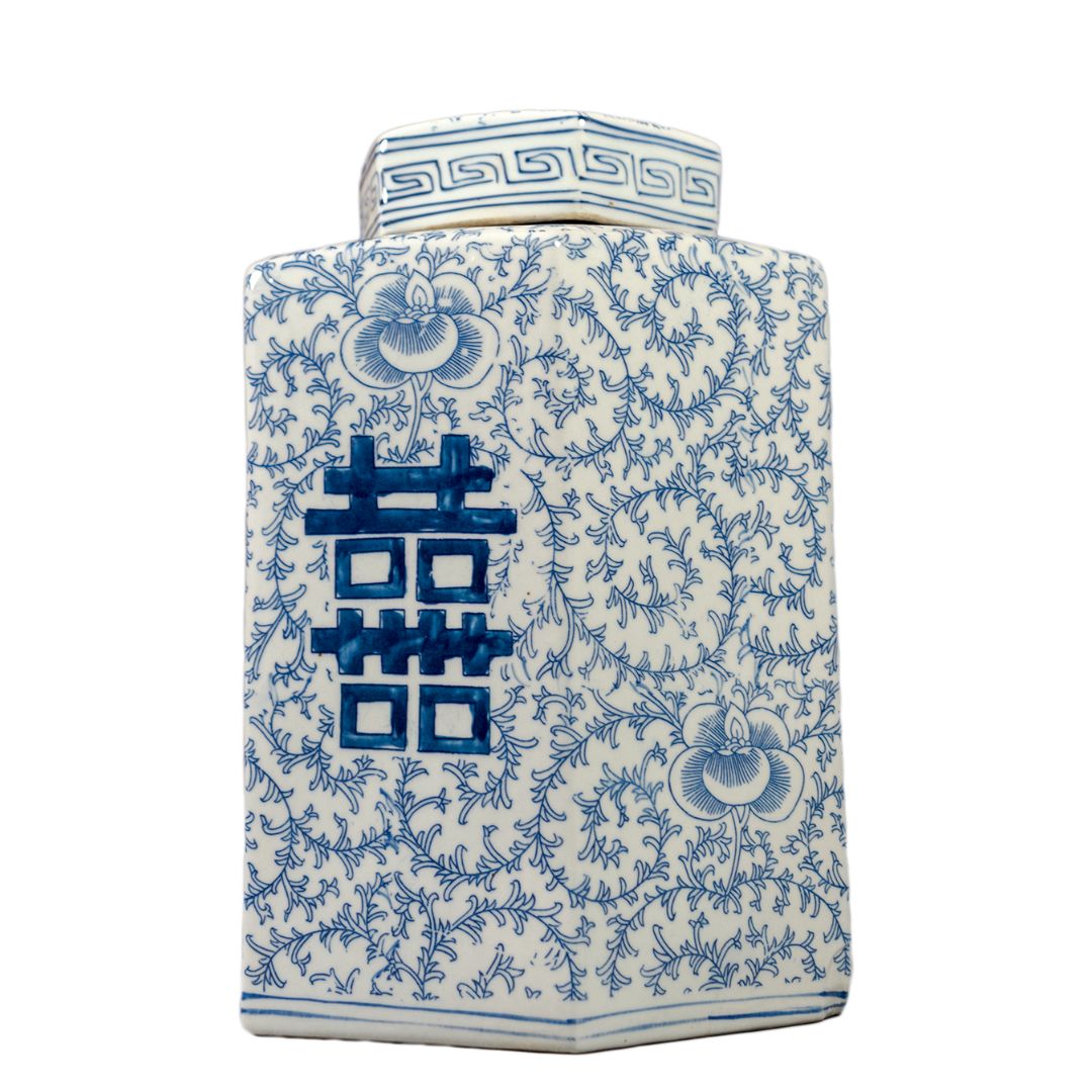 Chinese Zeshoekige Dekselpot 'Shuangxi' – Blauw-Wit