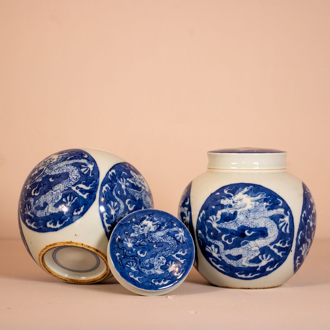 Paire de Pots à Gingembre Chinois - Décor Dragon Bleu & Blanc