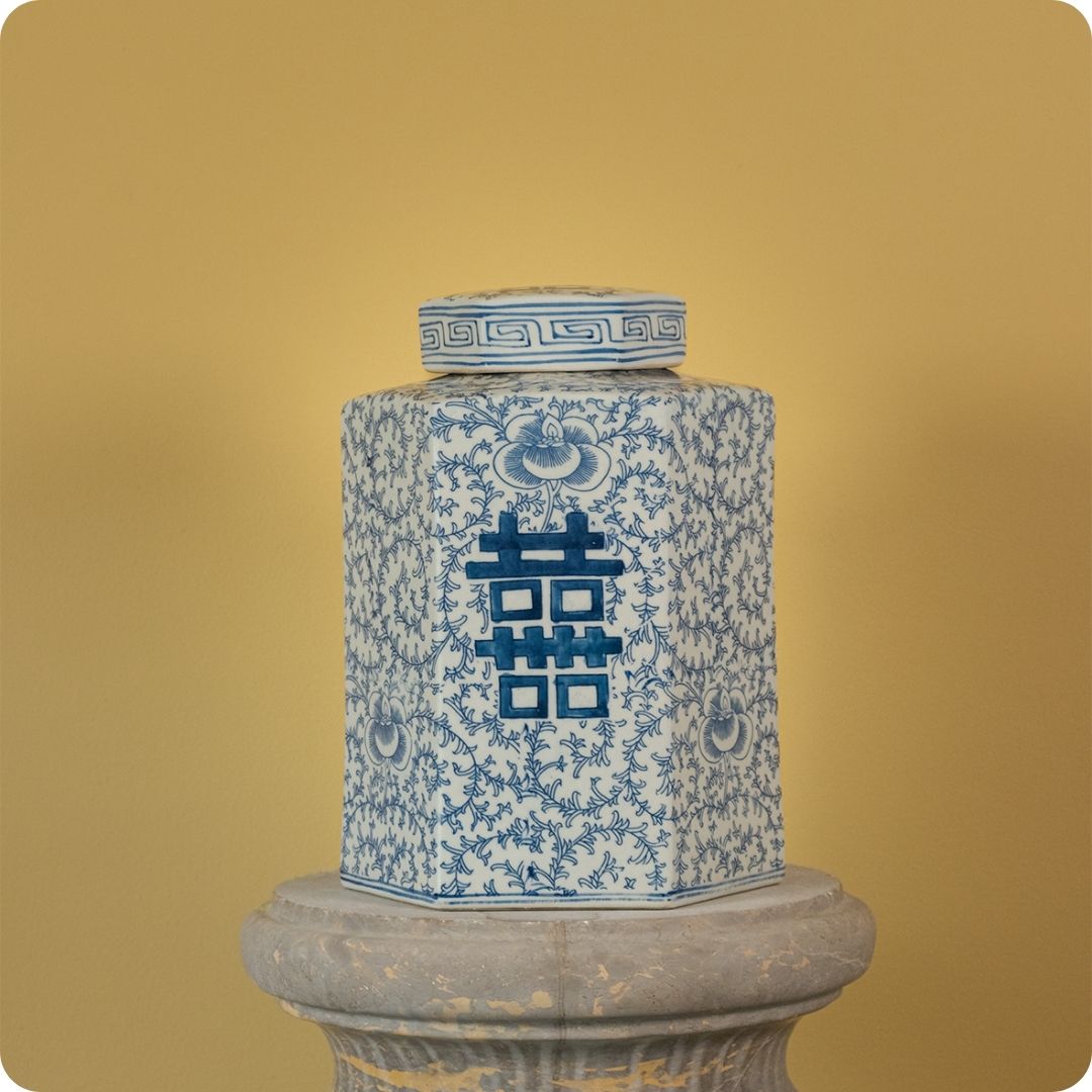 Chinese Zeshoekige Dekselpot 'Shuangxi' – Blauw-Wit