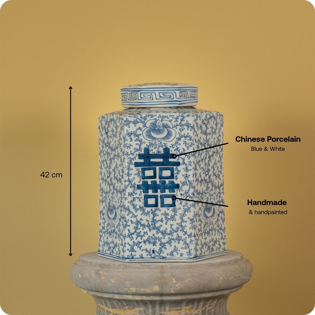Chinese Zeshoekige Dekselpot 'Shuangxi' – Blauw-Wit