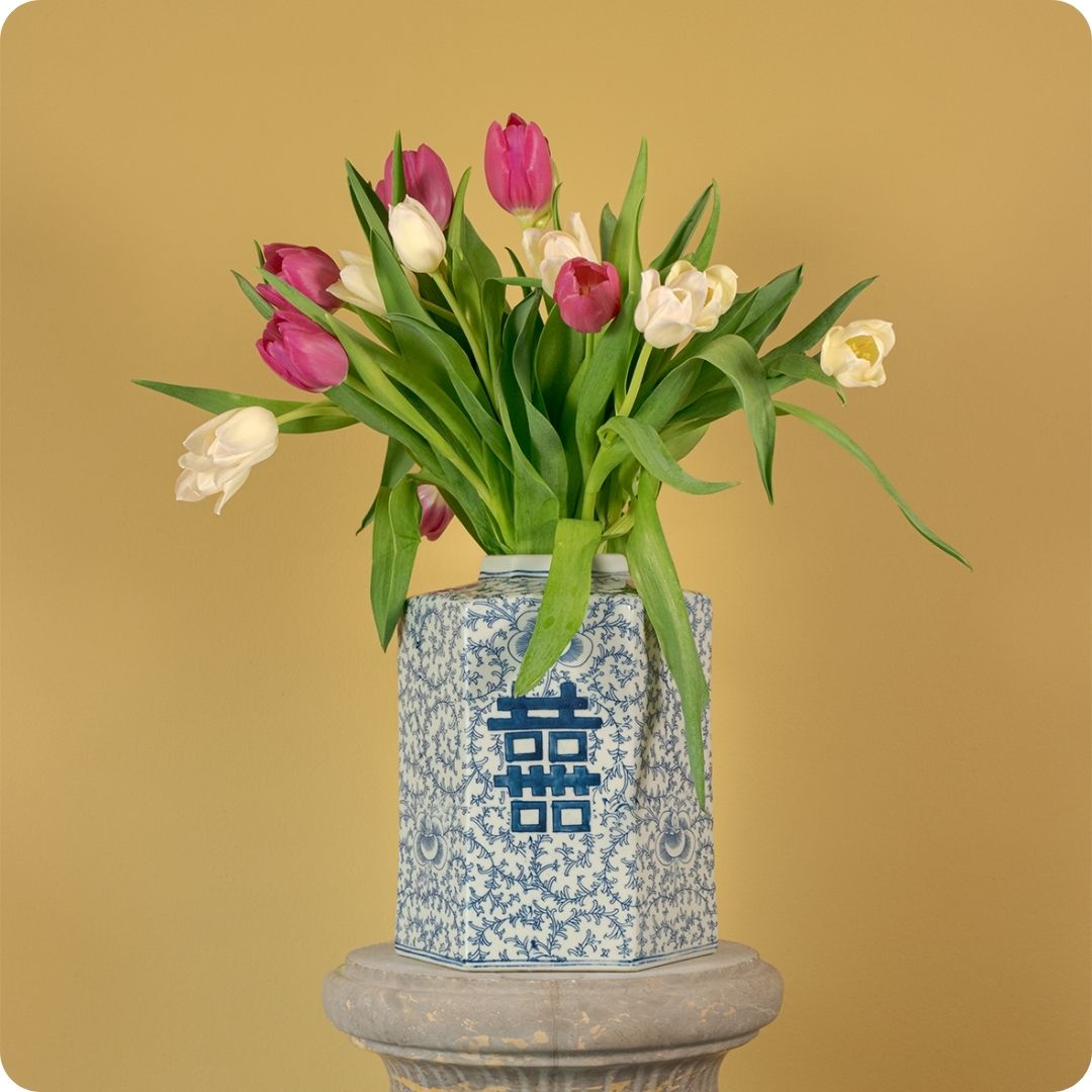 Chinese Zeshoekige Dekselpot 'Shuangxi' – Blauw-Wit