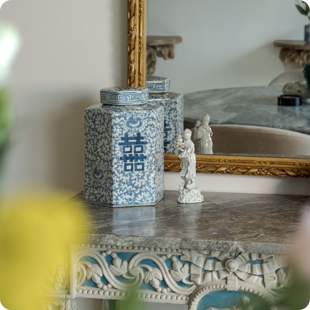 Chinese Zeshoekige Dekselpot 'Shuangxi' – Blauw-Wit