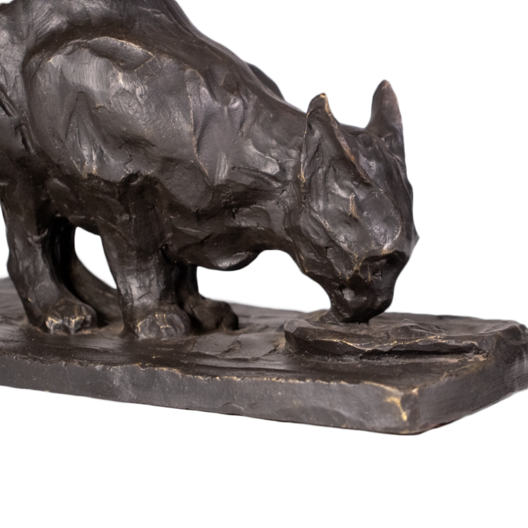 Detalle de la cabeza del gato de bronce sobre el platillo: planos cortados, bronce claro en las aristas