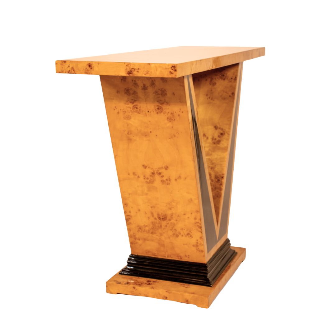 Art Deco console table with V-shape pedestal crafted from burl walnut wood and black lacquer base, sleek accent furniture