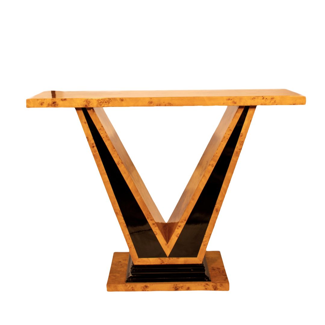 Art Deco V-shape console table crafted from burl walnut wood with black lacquer base, elegant statement furniture