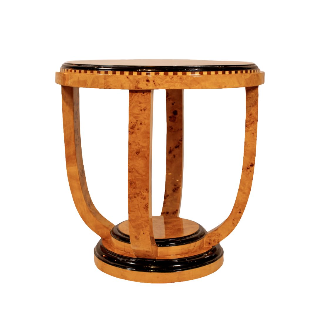 Art Deco side table made from burl walnut wood veneer, elegant accent side table with black lacquer base