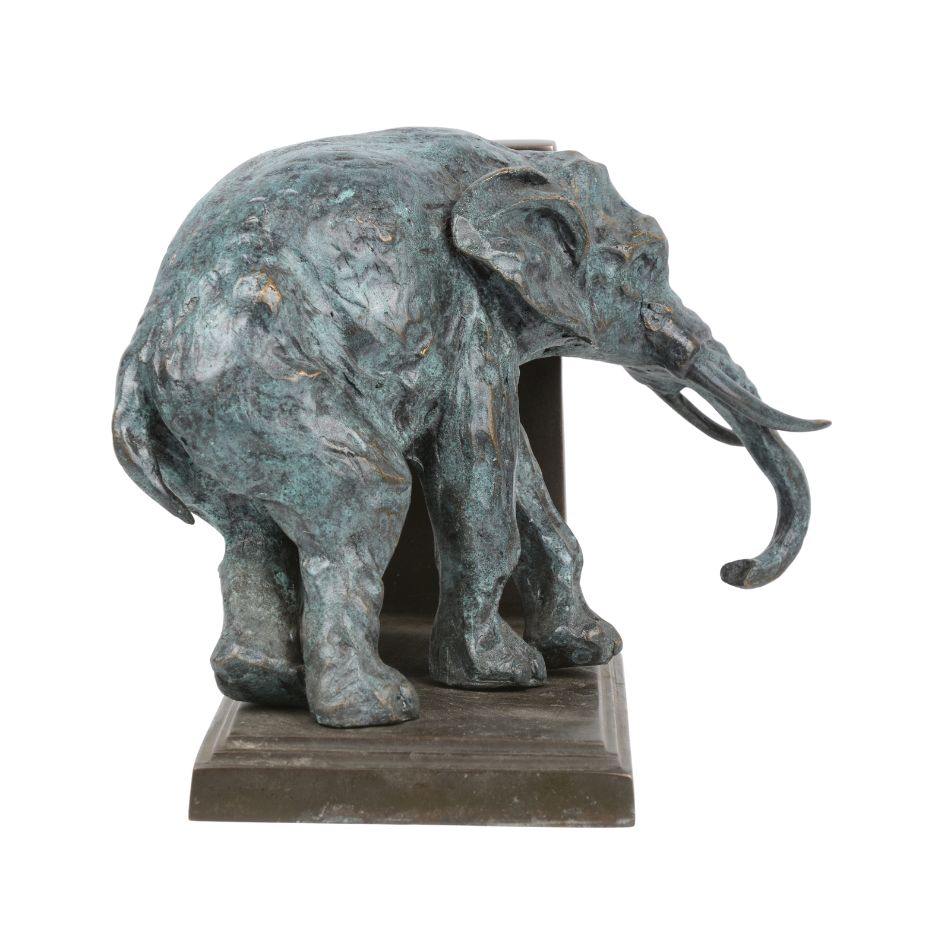 Bronze sculpture bookend of an elephant with blue-green patina