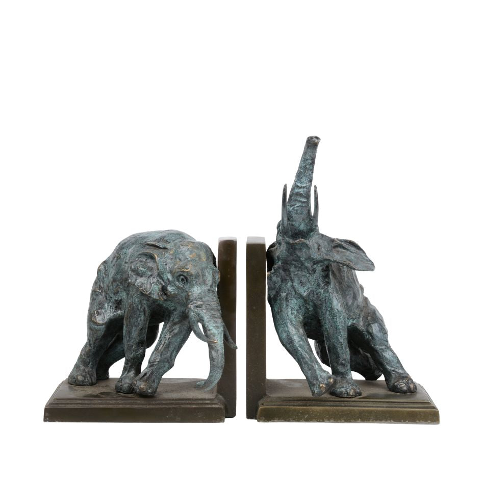 Pair of bronze sculpture bookends with elephants featuring blue-green patina