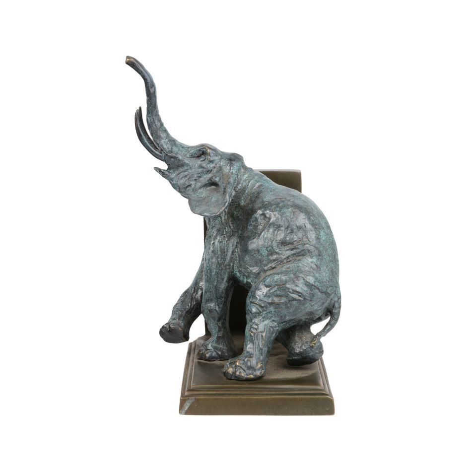 Pair of bronze sculpture bookends with elephants featuring blue-green patina