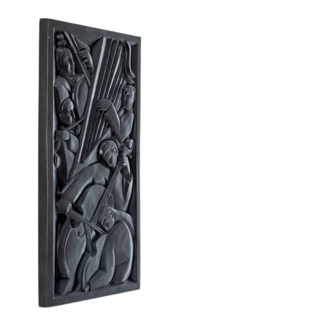 Bronze sculpture wall decoration panel featuring musicians, part of a set of four