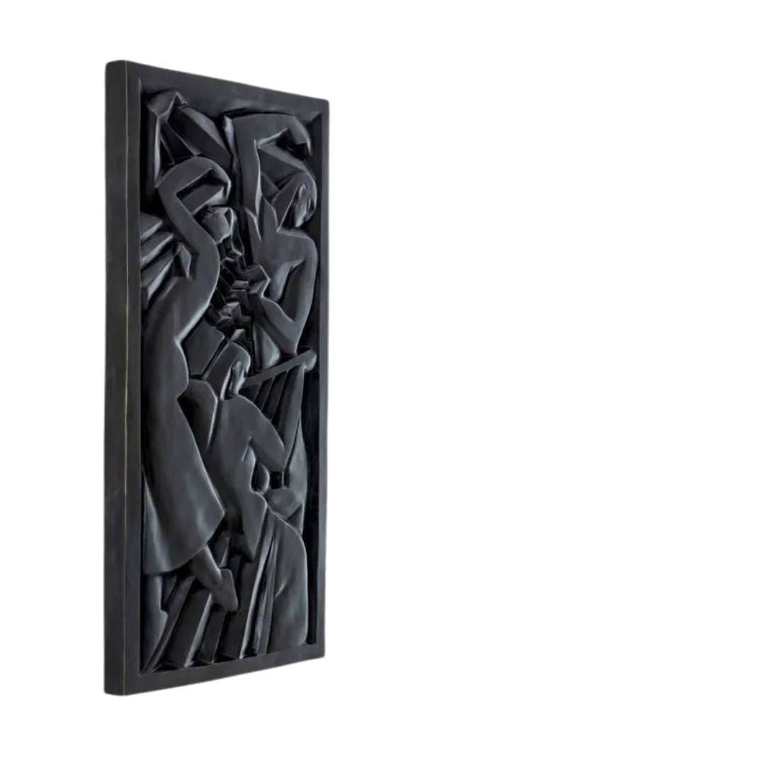 Bronze sculpture wall decoration panel with abstract figures, part of a set of four