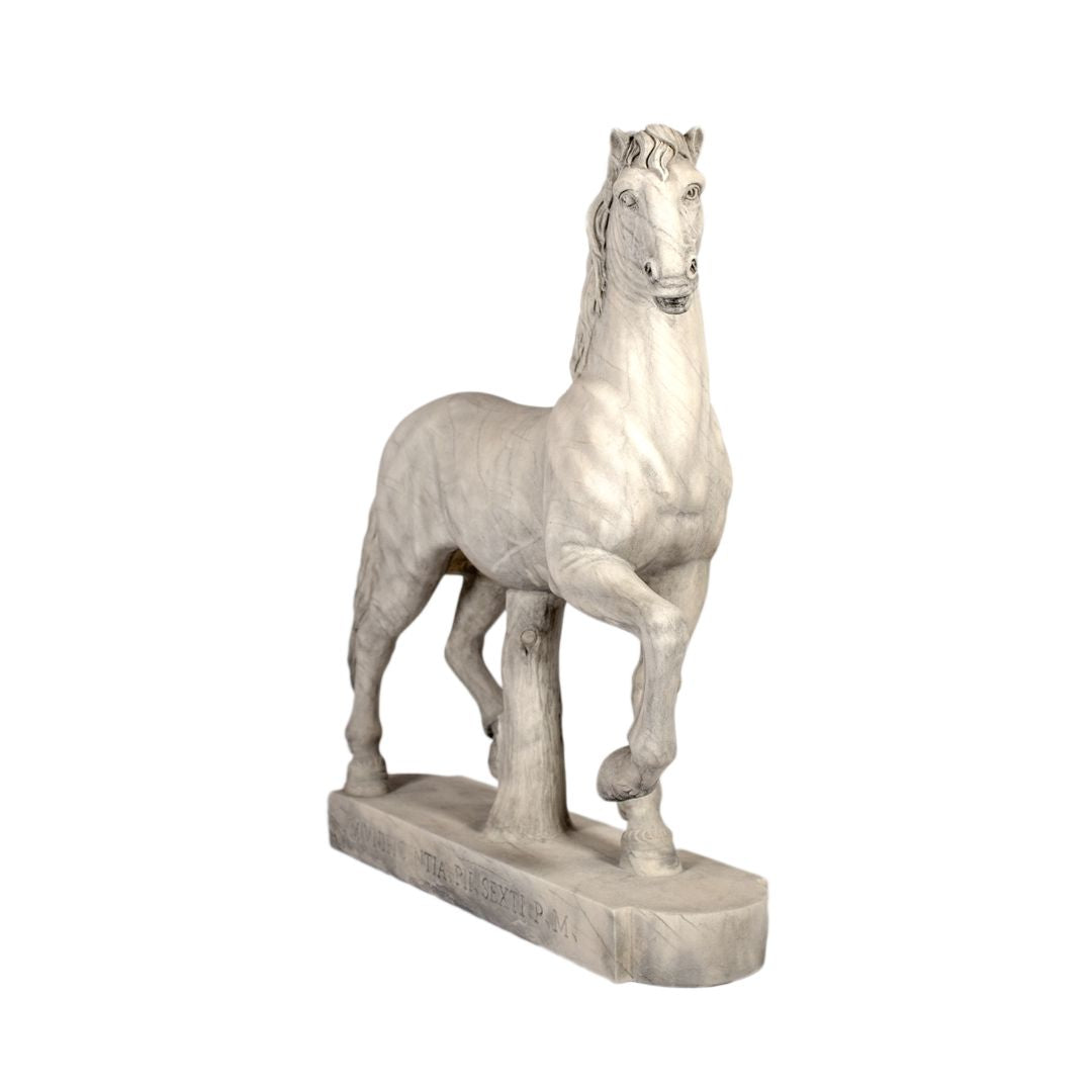 White marble horse sculpture right angle view of Roman stallion statue