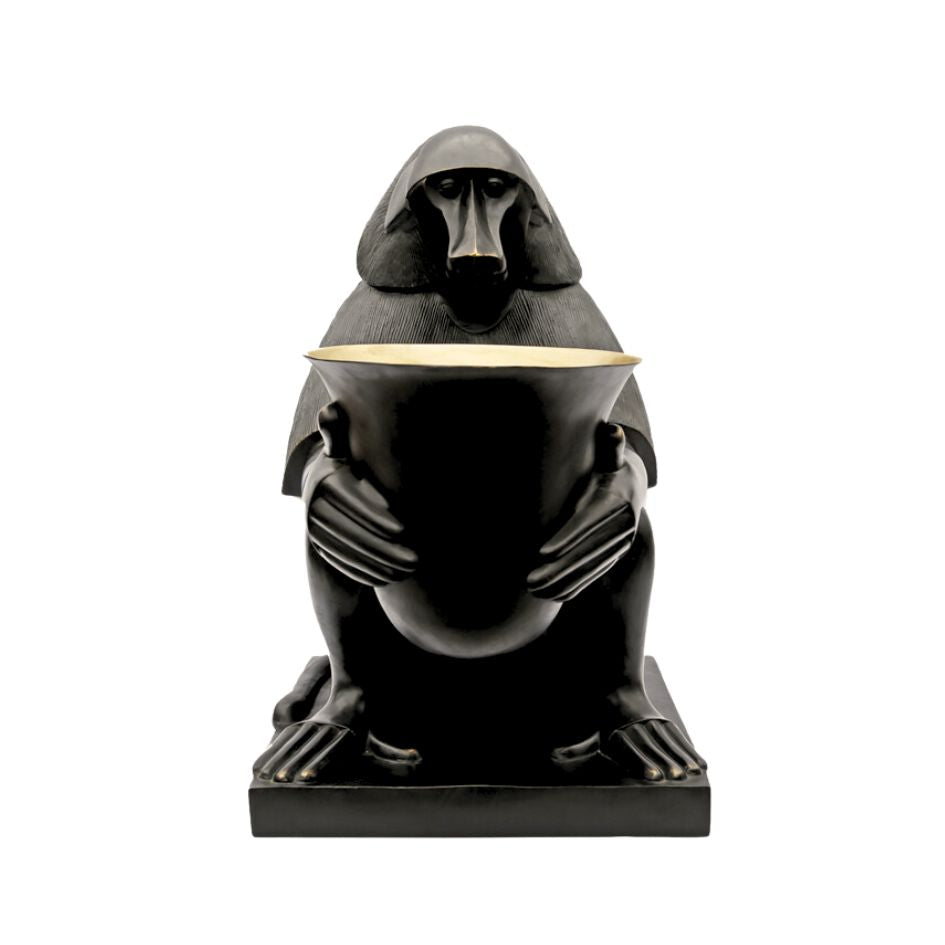 Lampe singe en bronze de face, babouin assis avec une coupe, style Art déco, sur socle carré