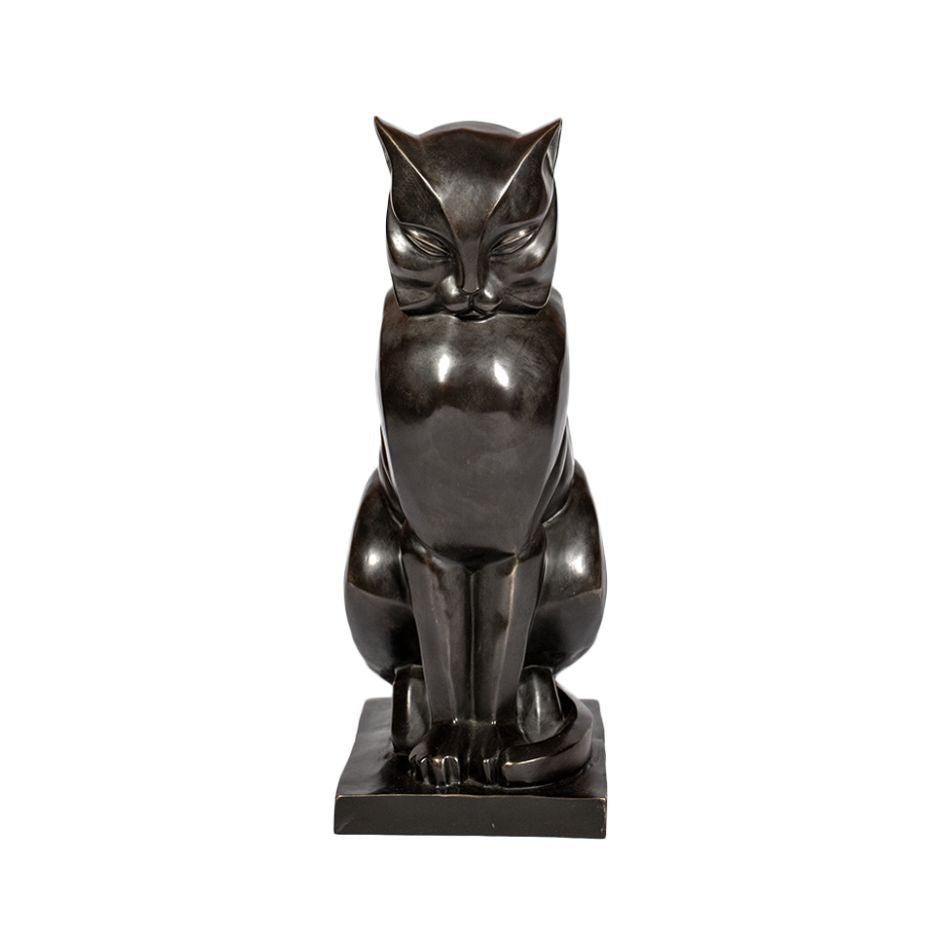 Bronze sculpture of purring cat art deco style black patina