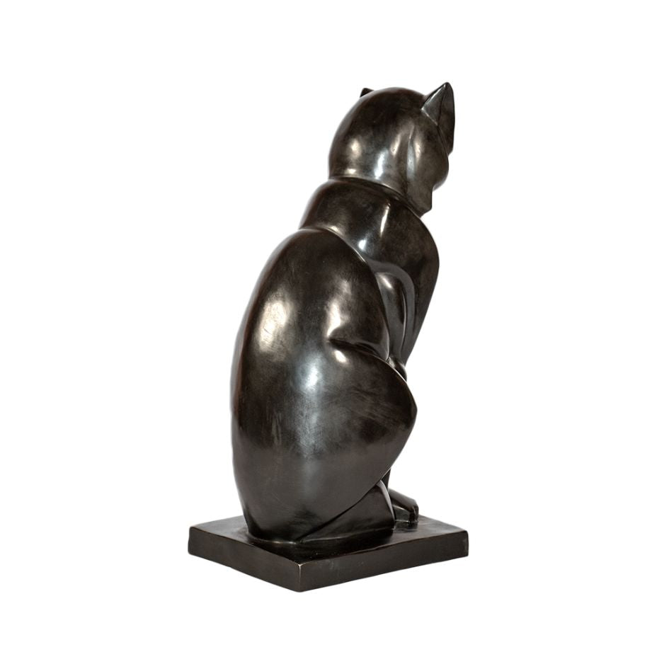 Bronze sculpture of purring cat art deco style black patina