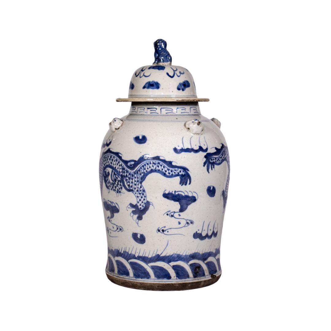 Deckelvase Drache – Blau-Weiß