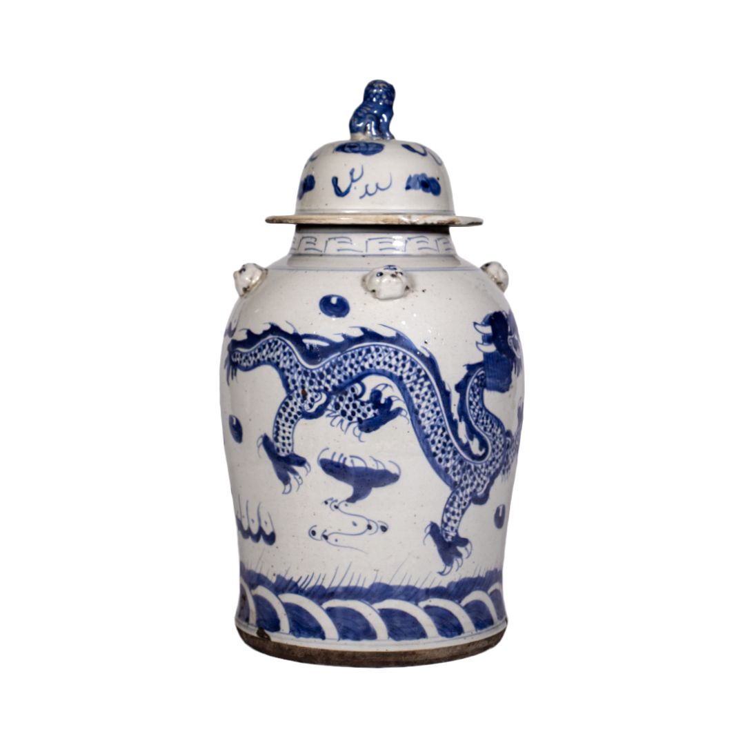 Deckelvase Drache – Blau-Weiß