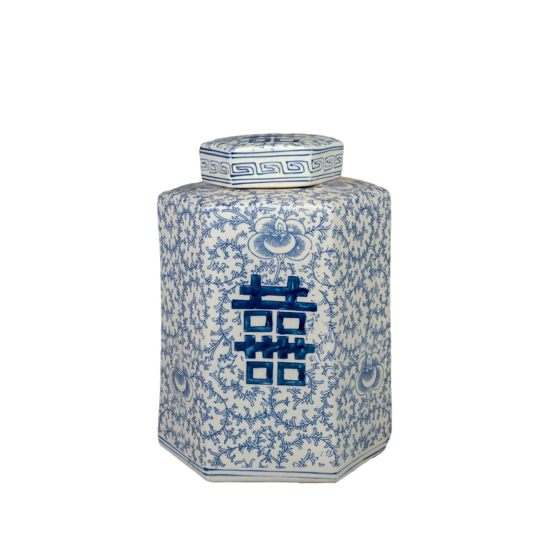 Chinese Zeshoekige Dekselpot 'Shuangxi' – Blauw-Wit