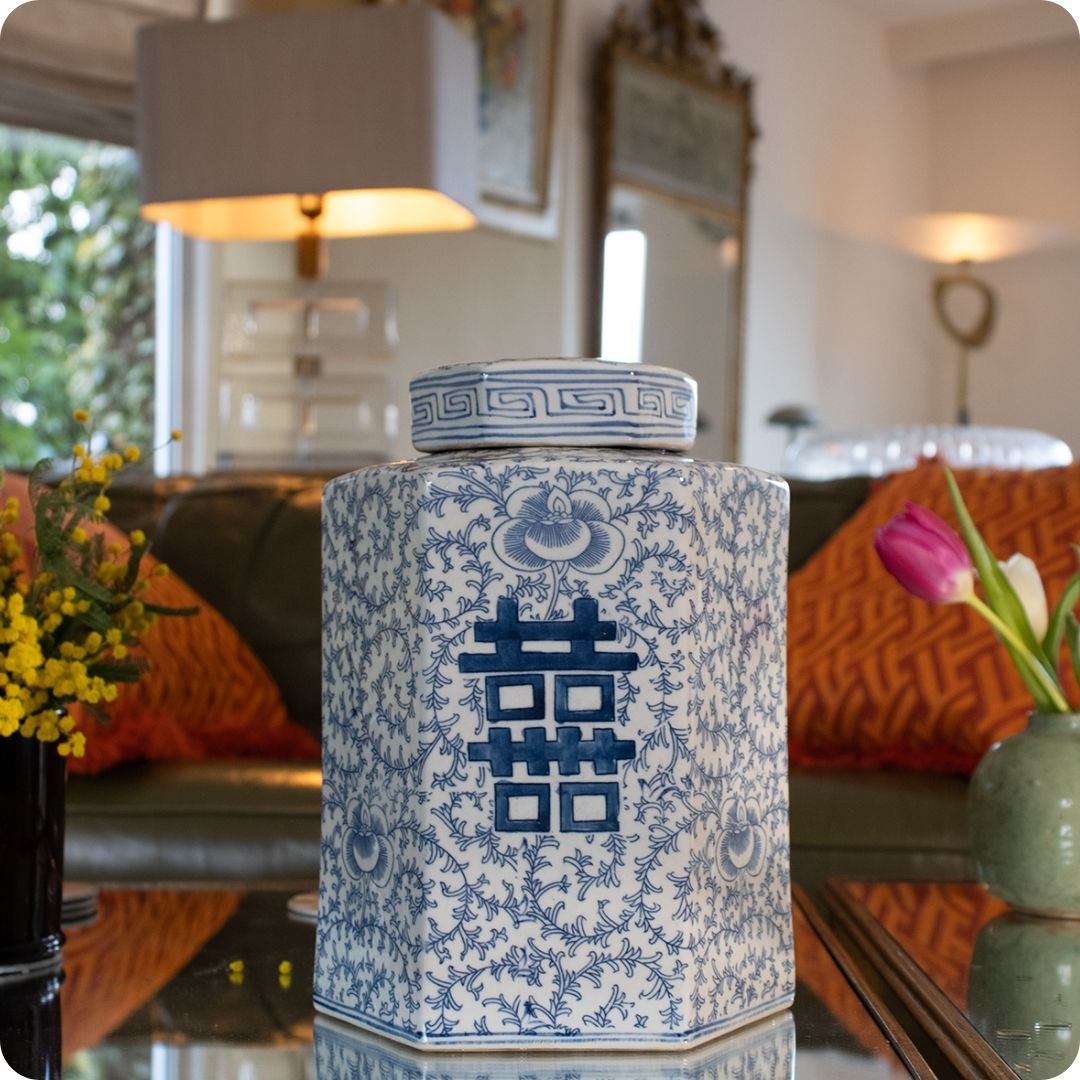 Chinese Zeshoekige Dekselpot 'Shuangxi' – Blauw-Wit