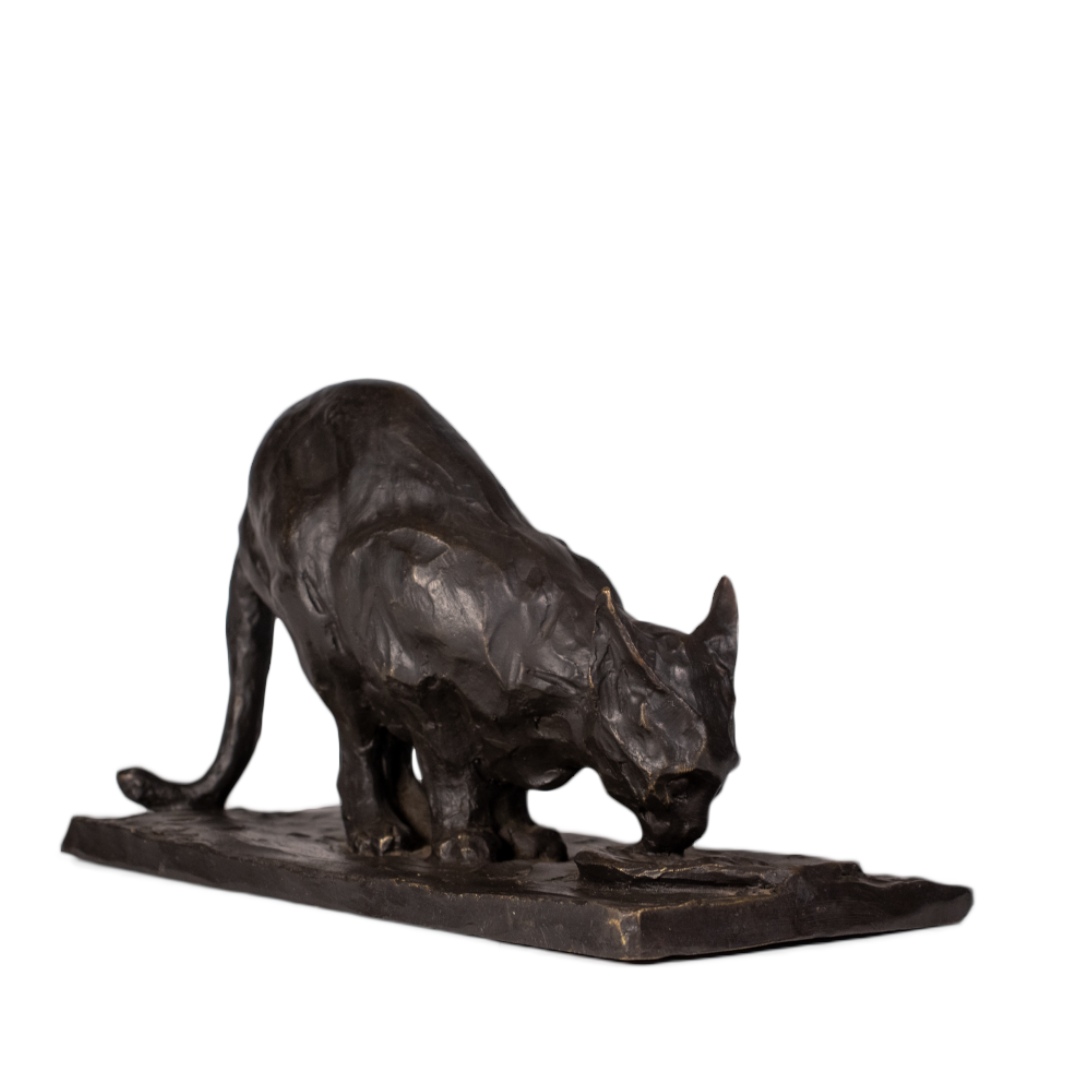 Gato de bronce bebiendo de un platillo, vista frontal en escorzo con pátina casi negra, sobre base de bronce