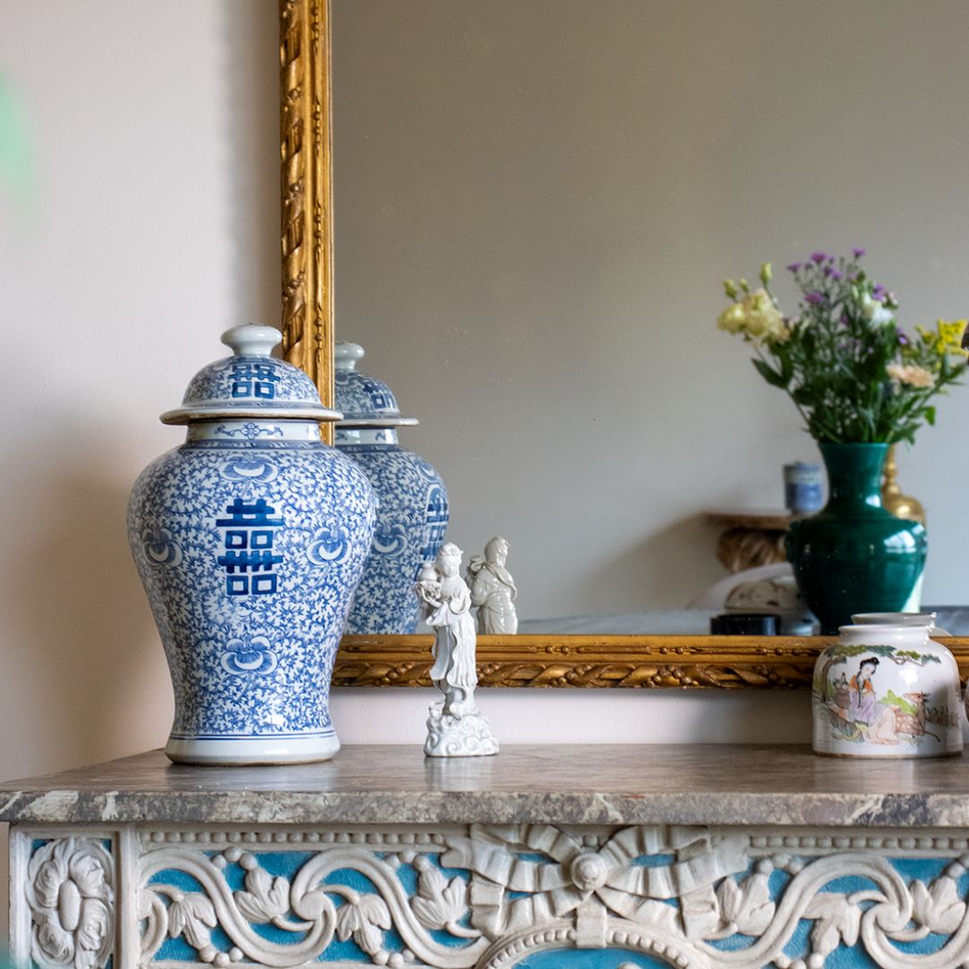 Vase couvert double bonheur – porcelaine de Chine bleu blanc