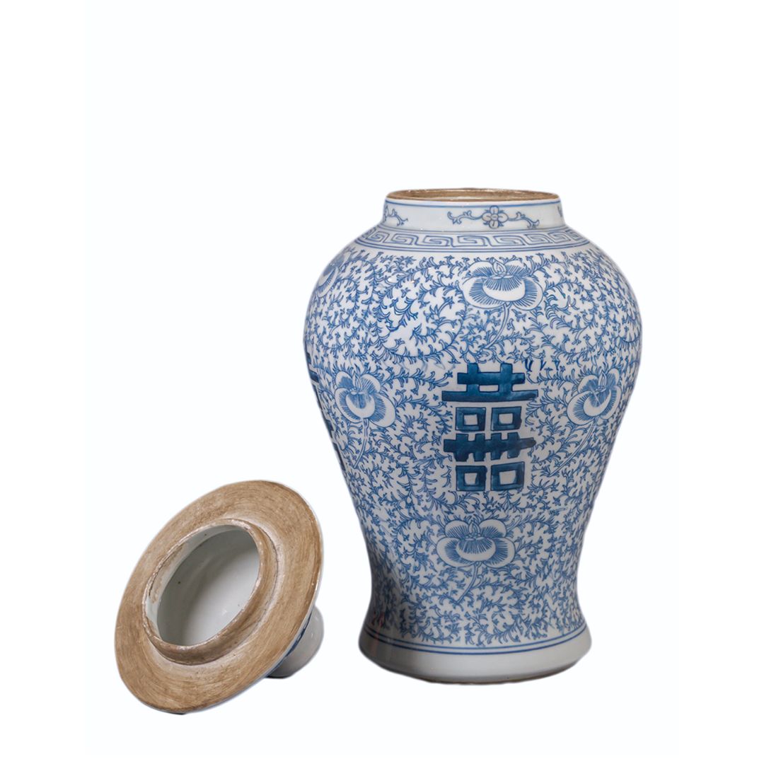 Vase couvert double bonheur – porcelaine de Chine bleu blanc