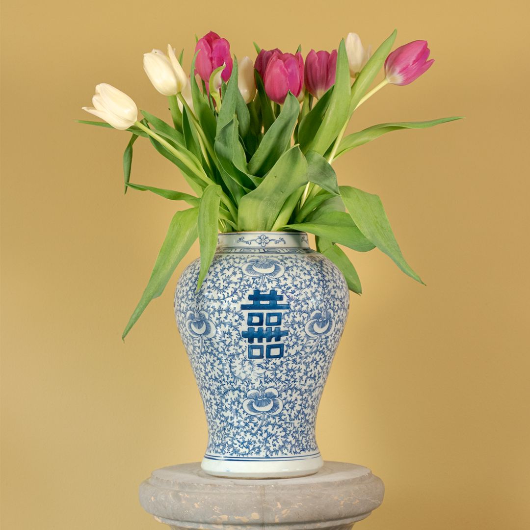 Vase couvert double bonheur – porcelaine de Chine bleu blanc