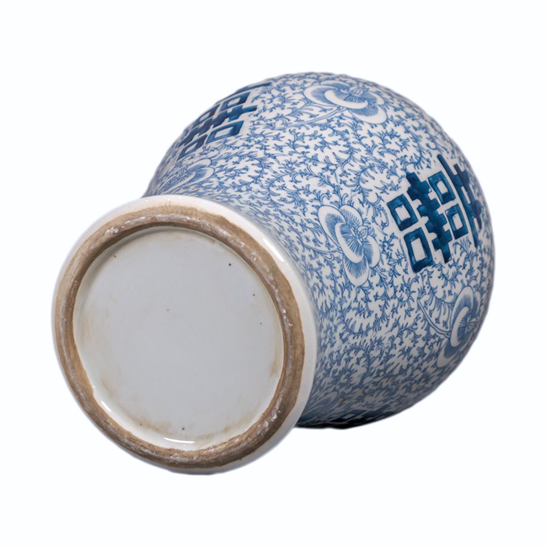 Vase couvert double bonheur – porcelaine de Chine bleu blanc