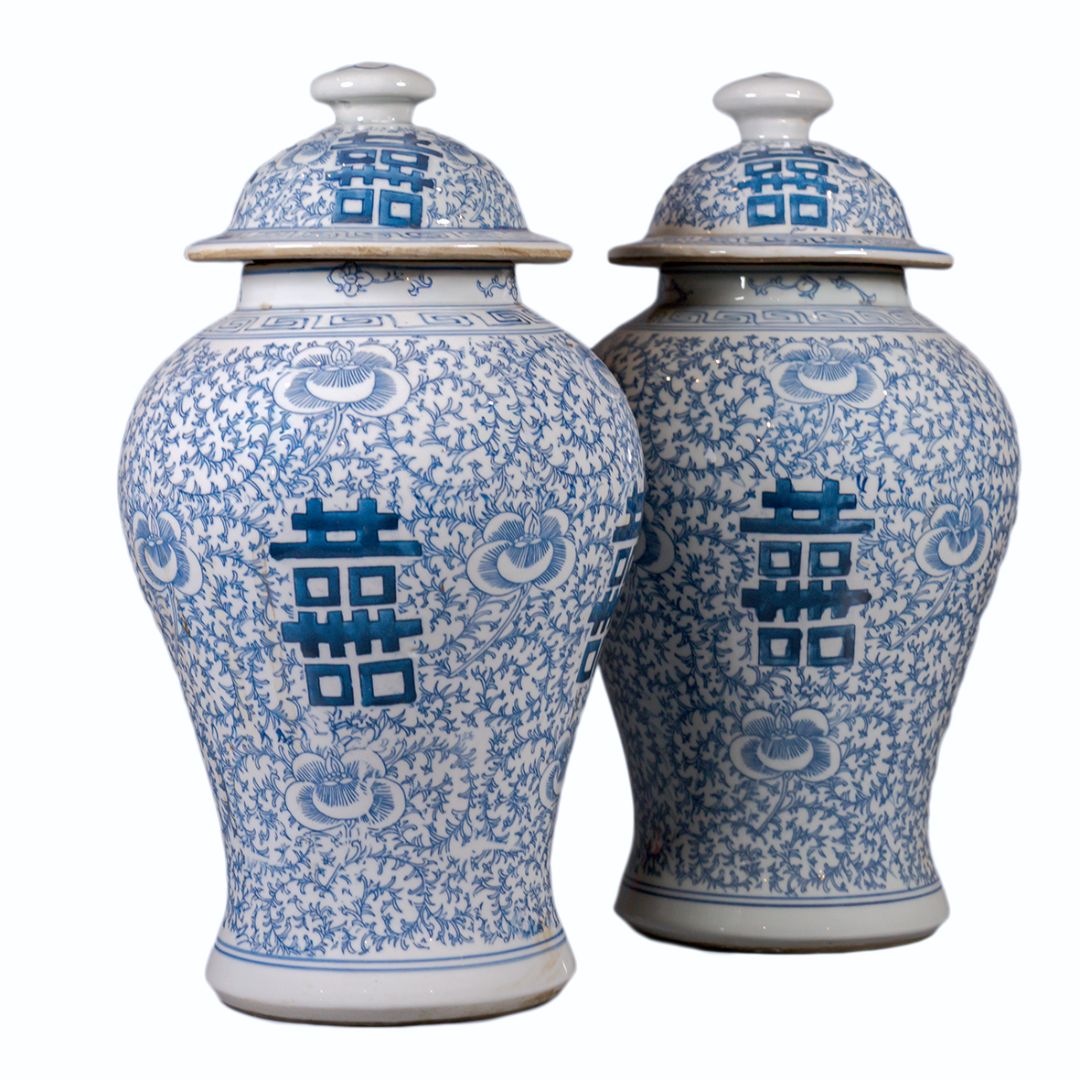 Vase couvert double bonheur – porcelaine de Chine bleu blanc