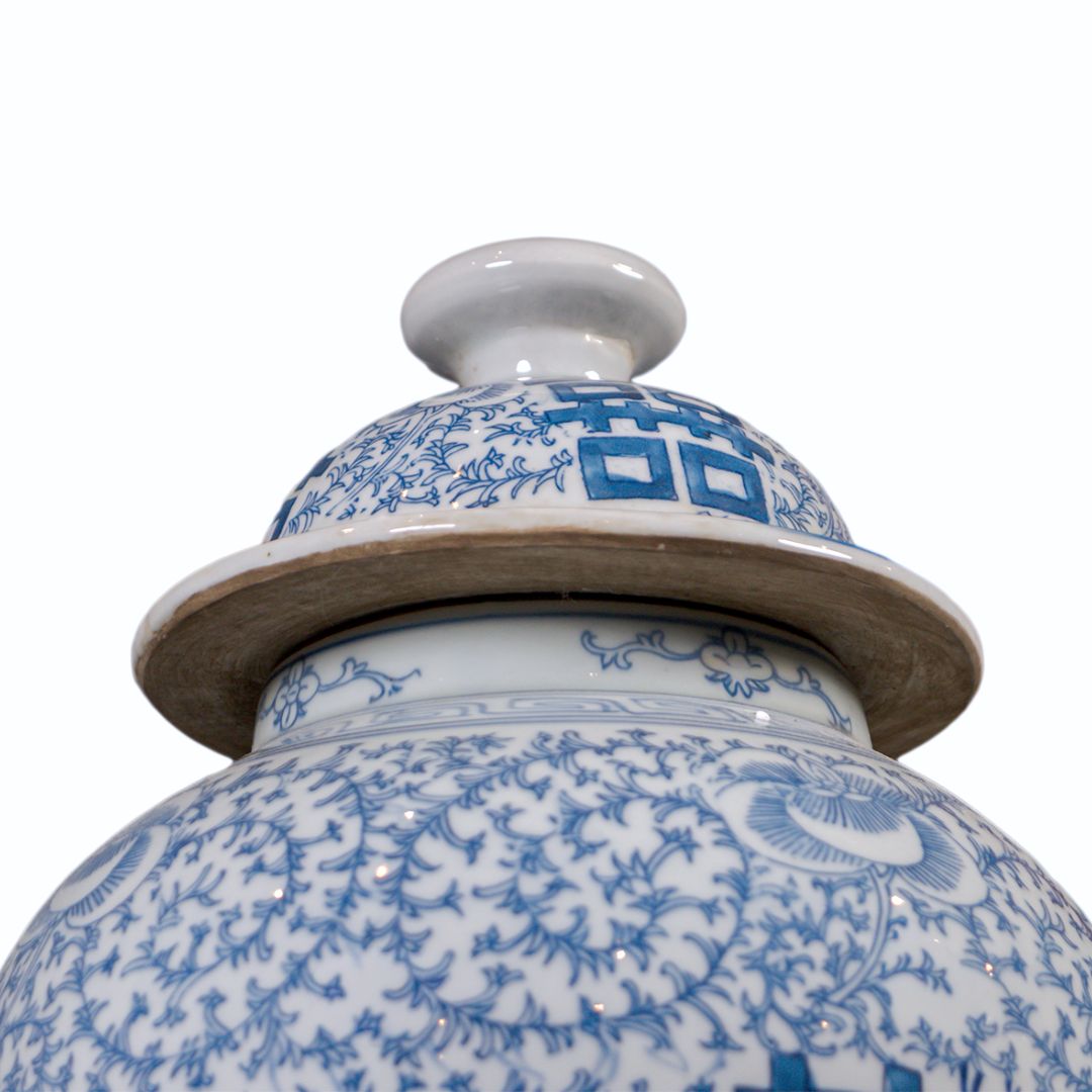Vase couvert double bonheur – porcelaine de Chine bleu blanc